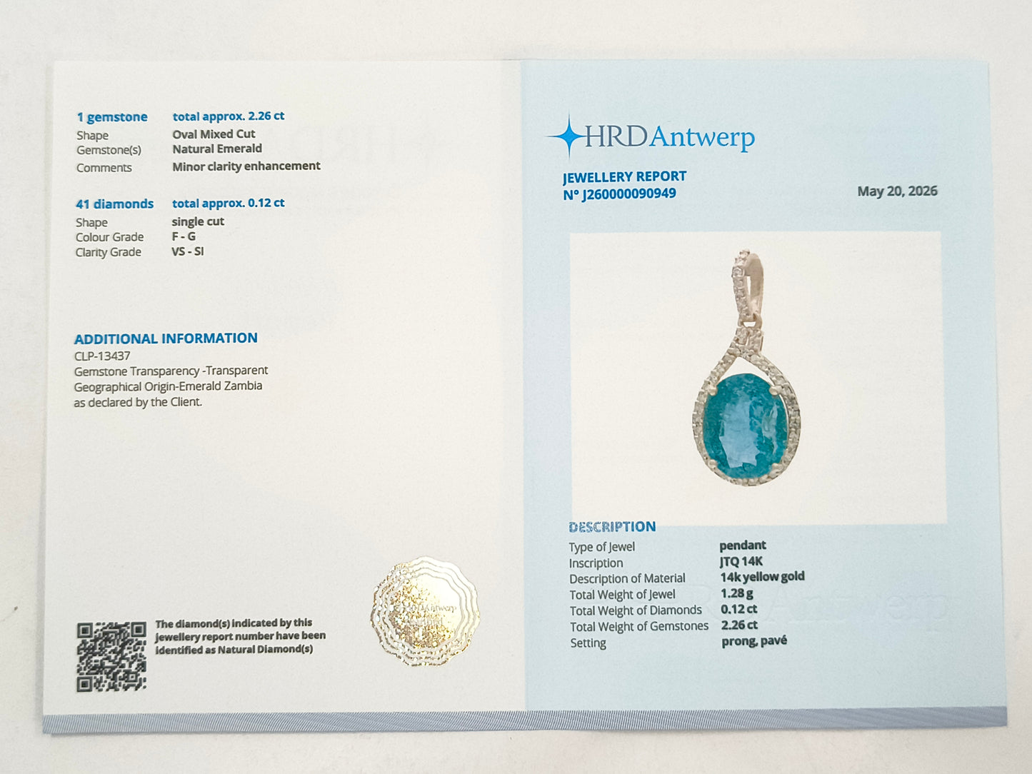 2.38 Ct Oval Emerald 14K Gold Pendant