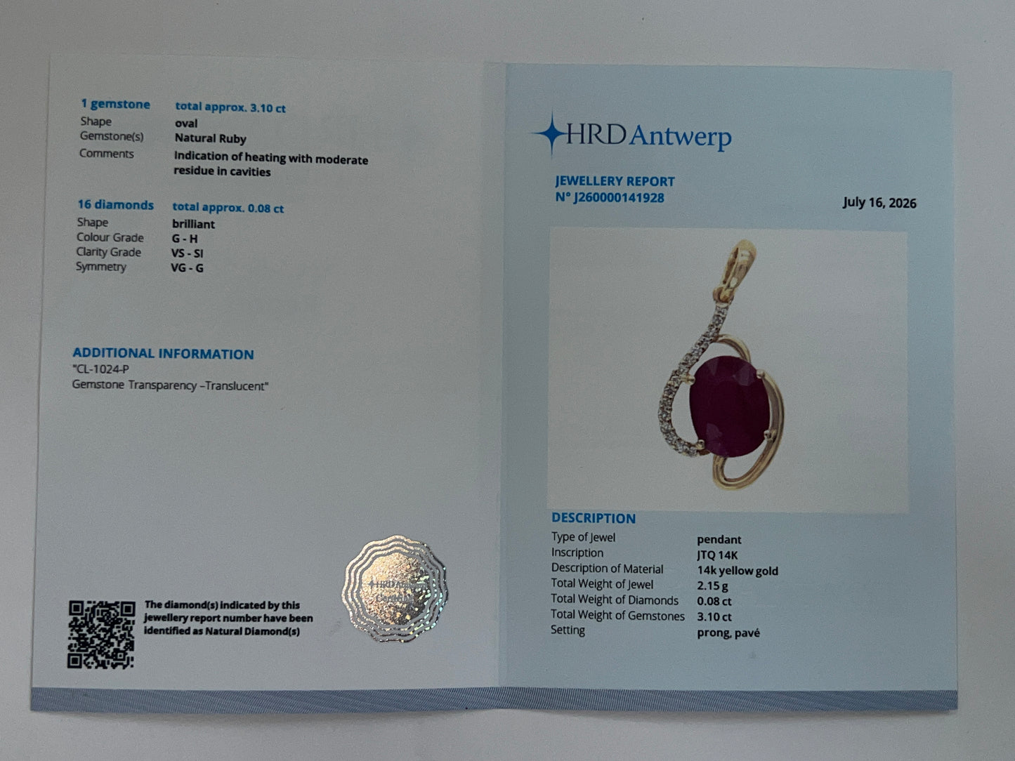 3.18 Ct Oval Natural Ruby 14K Gold Pendant