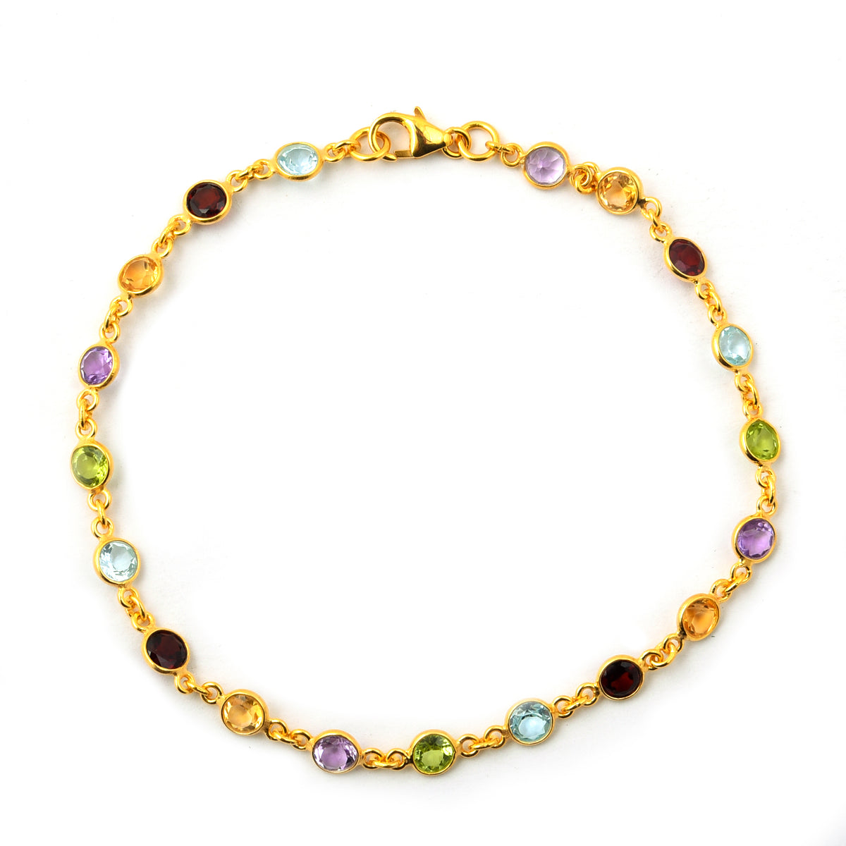 5.69 Ct Round Garnet, Peridot, Blue Topaz, Citrine, Amethyst 925 Sterling Silver Bracelet