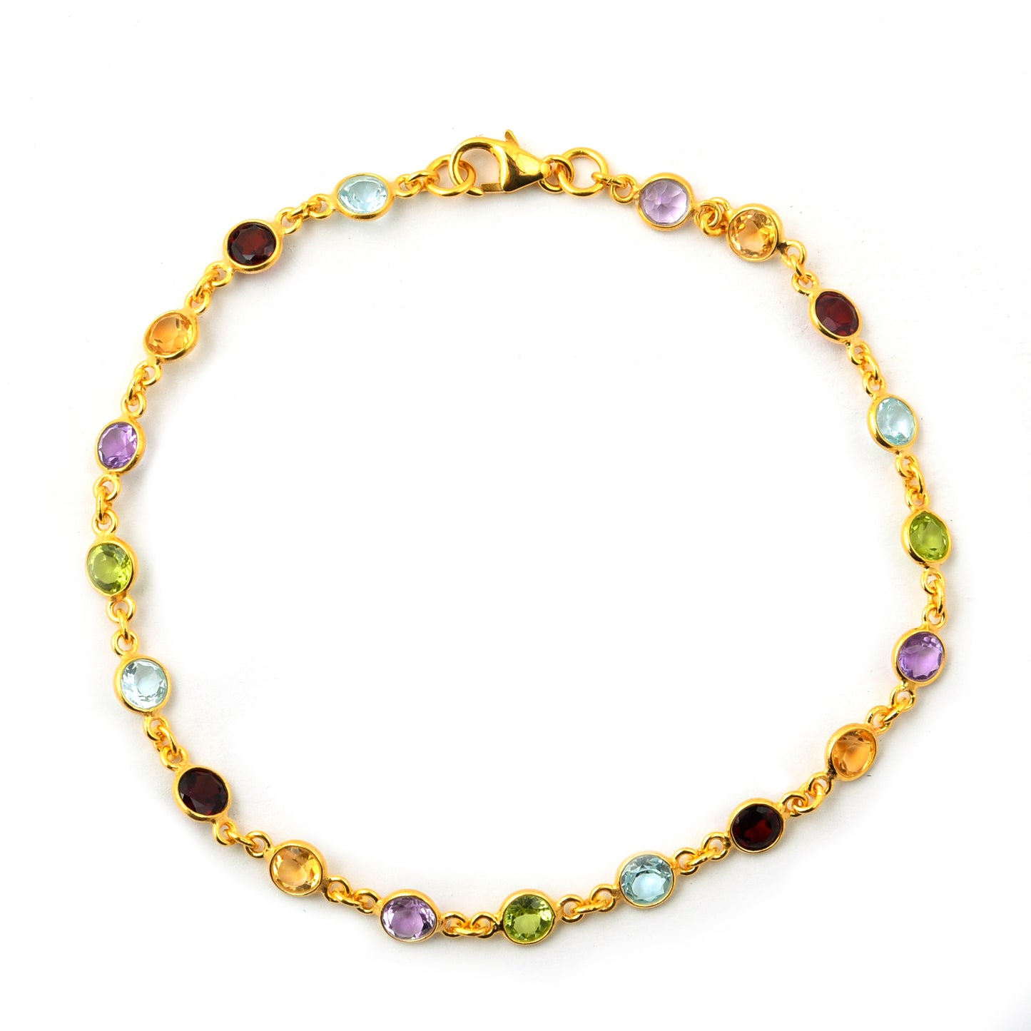 5.69 Ct Round Garnet, Peridot, Blue Topaz, Citrine, Amethyst 925 Sterling Silver Bracelet