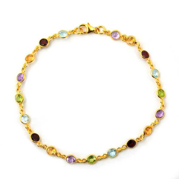 5.69 Ct Round Garnet, Peridot, Blue Topaz, Citrine, Amethyst 925 Sterling Silver Bracelet