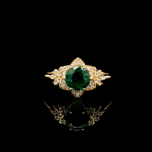 1.05 Ct Round Mixed Cut Lab Grown Emerald 14K Gold Ring