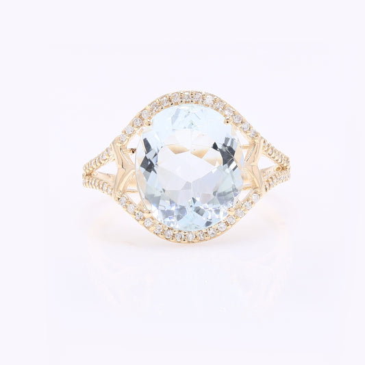 3.98 Ct Oval Mixed Cut Natural Aquamarine 14K Gold Ring