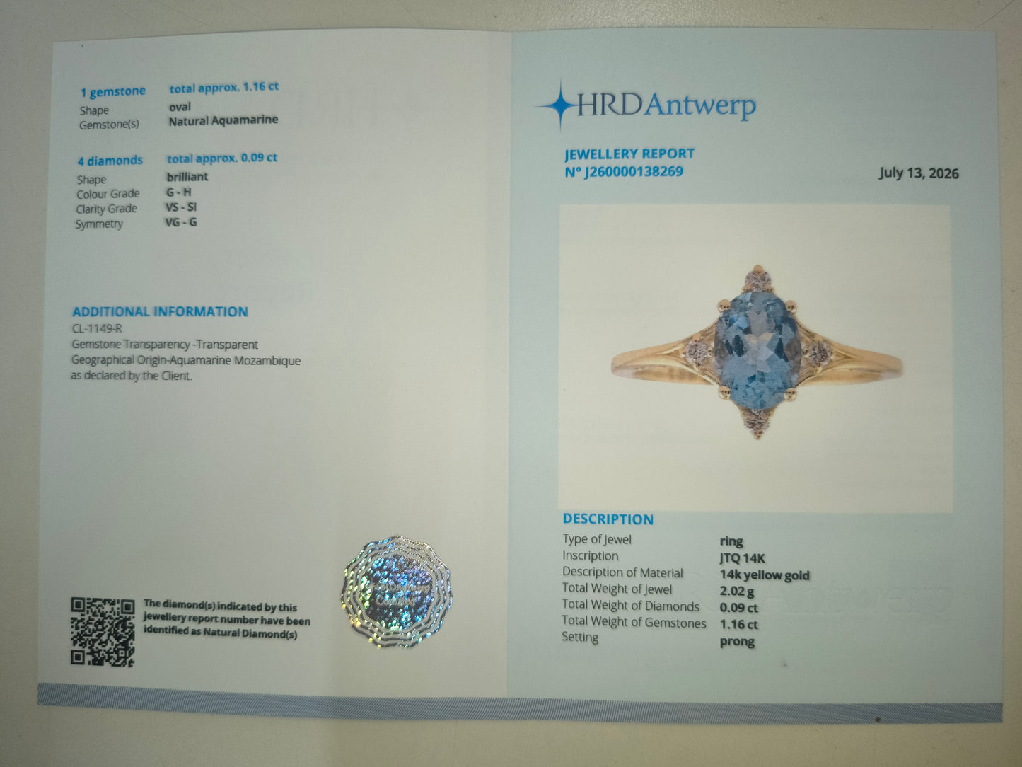 1.25 Ct Oval Natural Aquamarine 14K Gold Ring