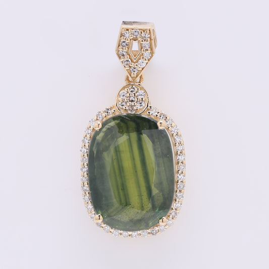 5.35 Ct Cushion Mixed Cut Natural Green Sapphire 14K Gold Pendant