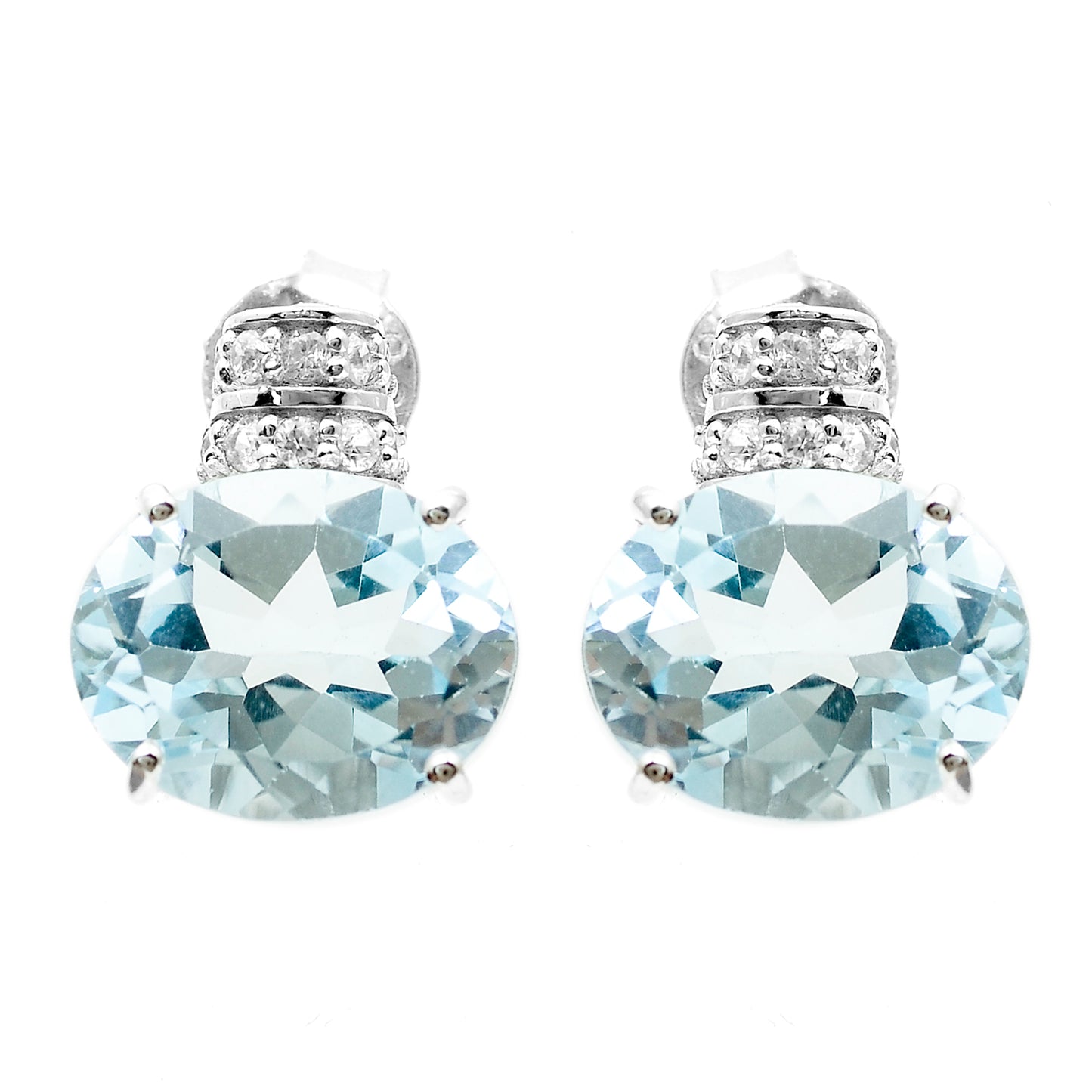 6.58 Ct Oval Blue Topaz, White Zircon 925 Sterling Silver Earrings