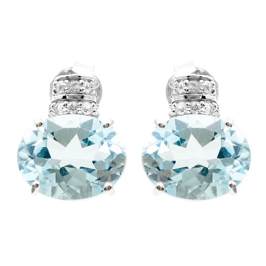 6.58 Ct Oval Blue Topaz, White Zircon 925 Sterling Silver Earrings