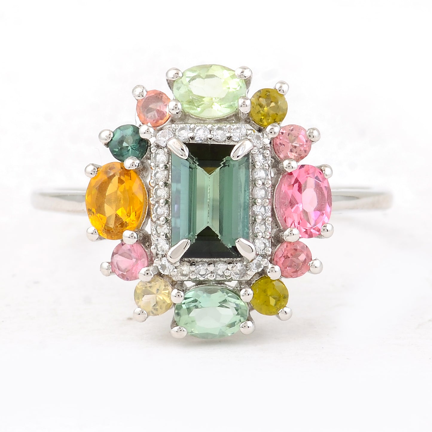 1.65 Ct Octagon Step Cut, Oval Mixed Cut, Round Mixed Cut Natural Multi-Coloured Tourmaline 950 Platinum Ring