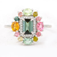 1.65 Ct Octagon Step Cut, Oval Mixed Cut, Round Mixed Cut Natural Multi-Coloured Tourmaline 950 Platinum Ring