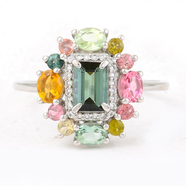 1.65 Ct Octagon Step Cut, Oval Mixed Cut, Round Mixed Cut Natural Multi-Coloured Tourmaline 950 Platinum Ring