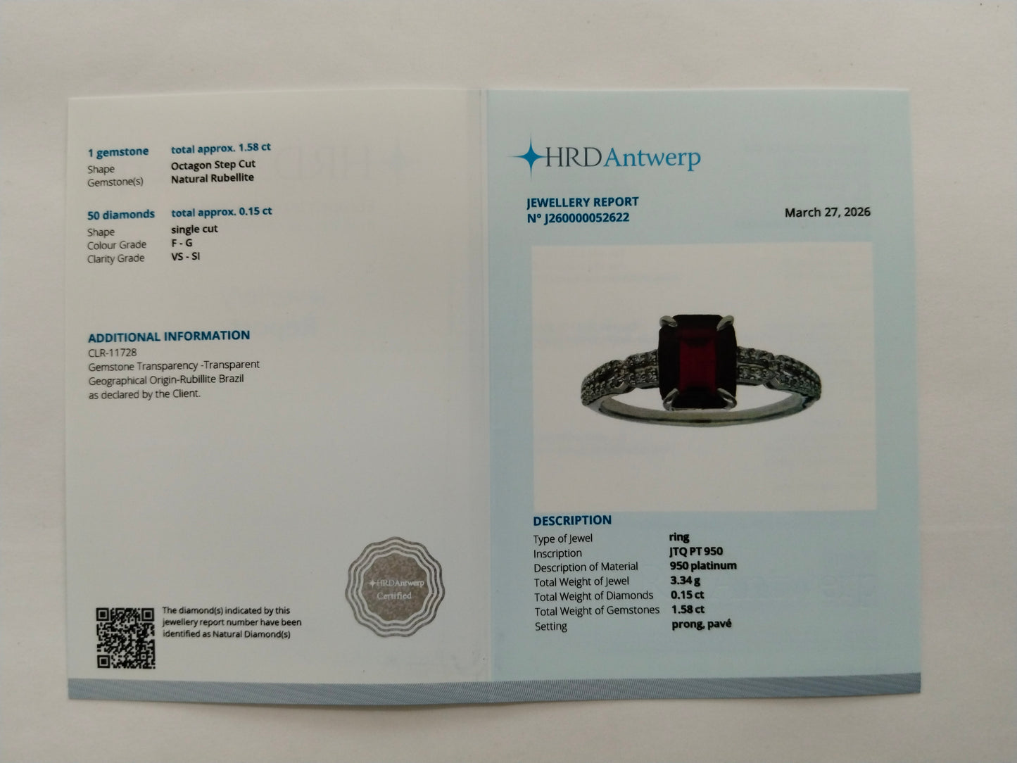 1.73 Ct Octagon Step Cut Natural Rubellite 950 Platinum Ring