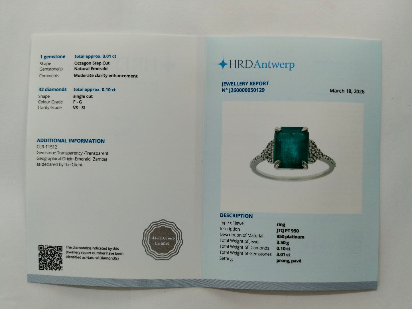 3.11 Ct Octagon Step Cut Natural Emerald 950 Platinum Ring