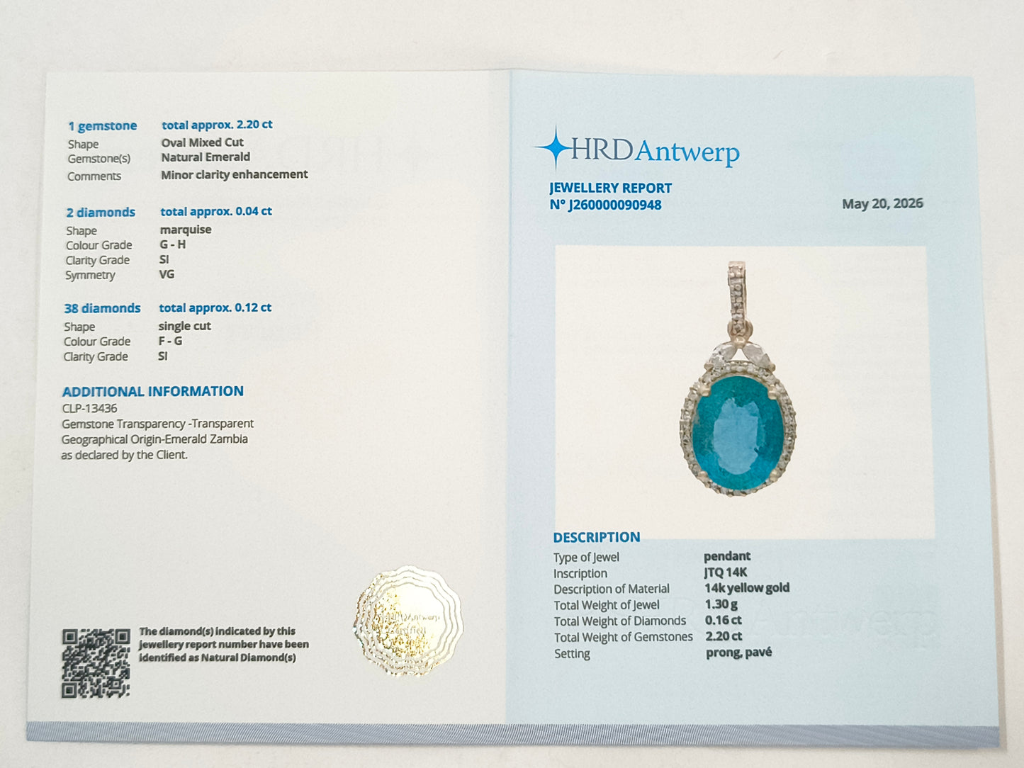 2.36 Ct Oval Emerald 14K Gold Pendant