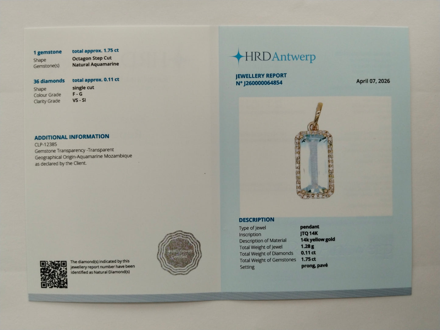 1.86 Ct Octagon Step Cut Natural Aquamarine 14K Gold Pendant