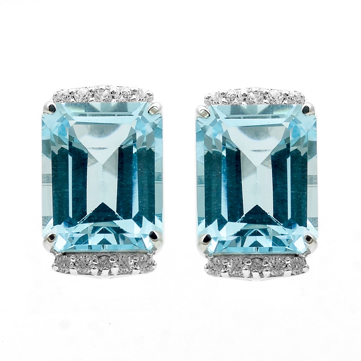 8.59 Ct Octagon Blue Topaz, White Zircon 925 Sterling Silver Earrings