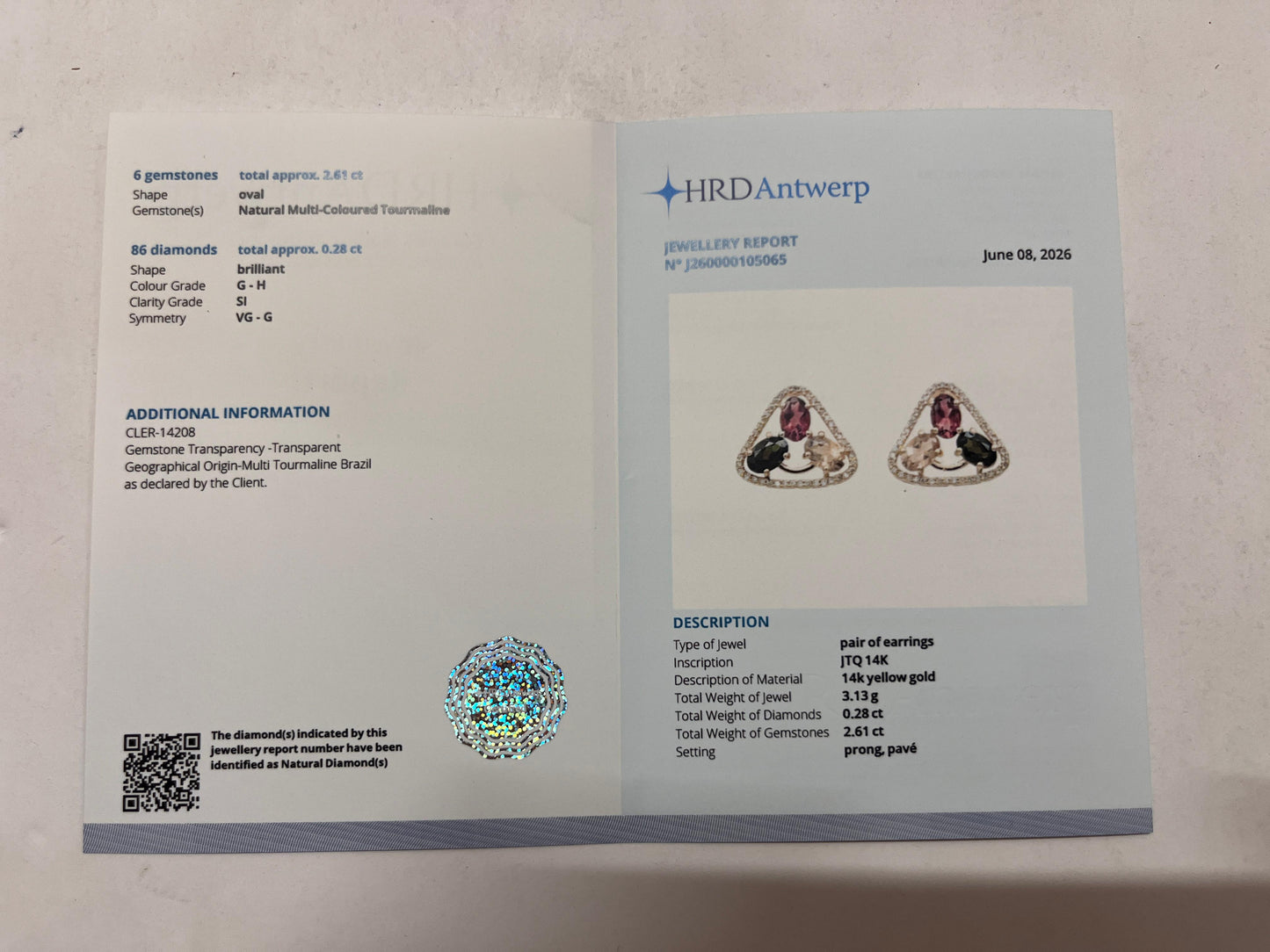 2.89 Ct Oval Mixed Cut Natural Multi-Coloured Tourmaline 14K Gold Earrings