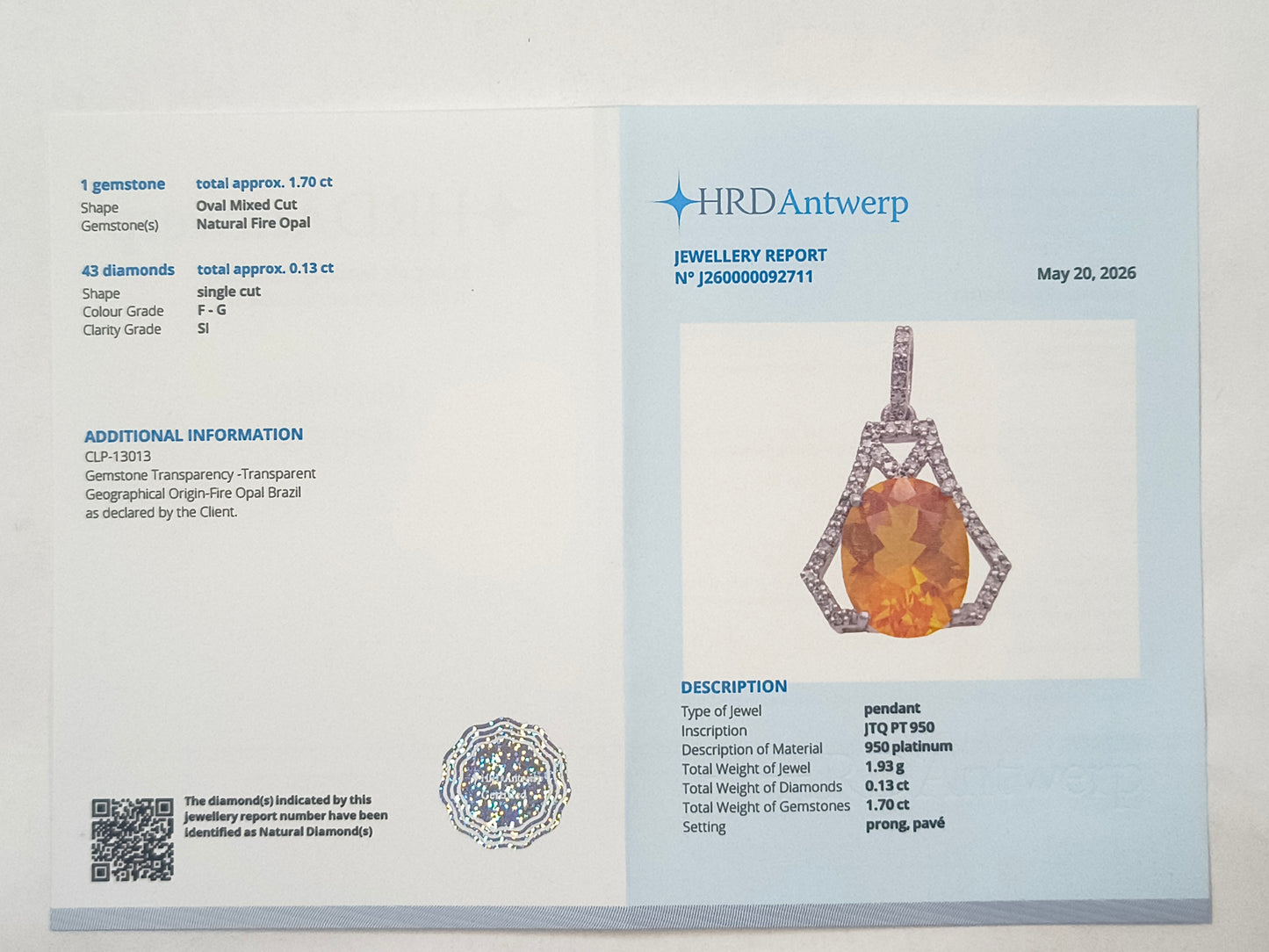 1.83 Ct Oval Fire Opal 950 Platinum Pendant
