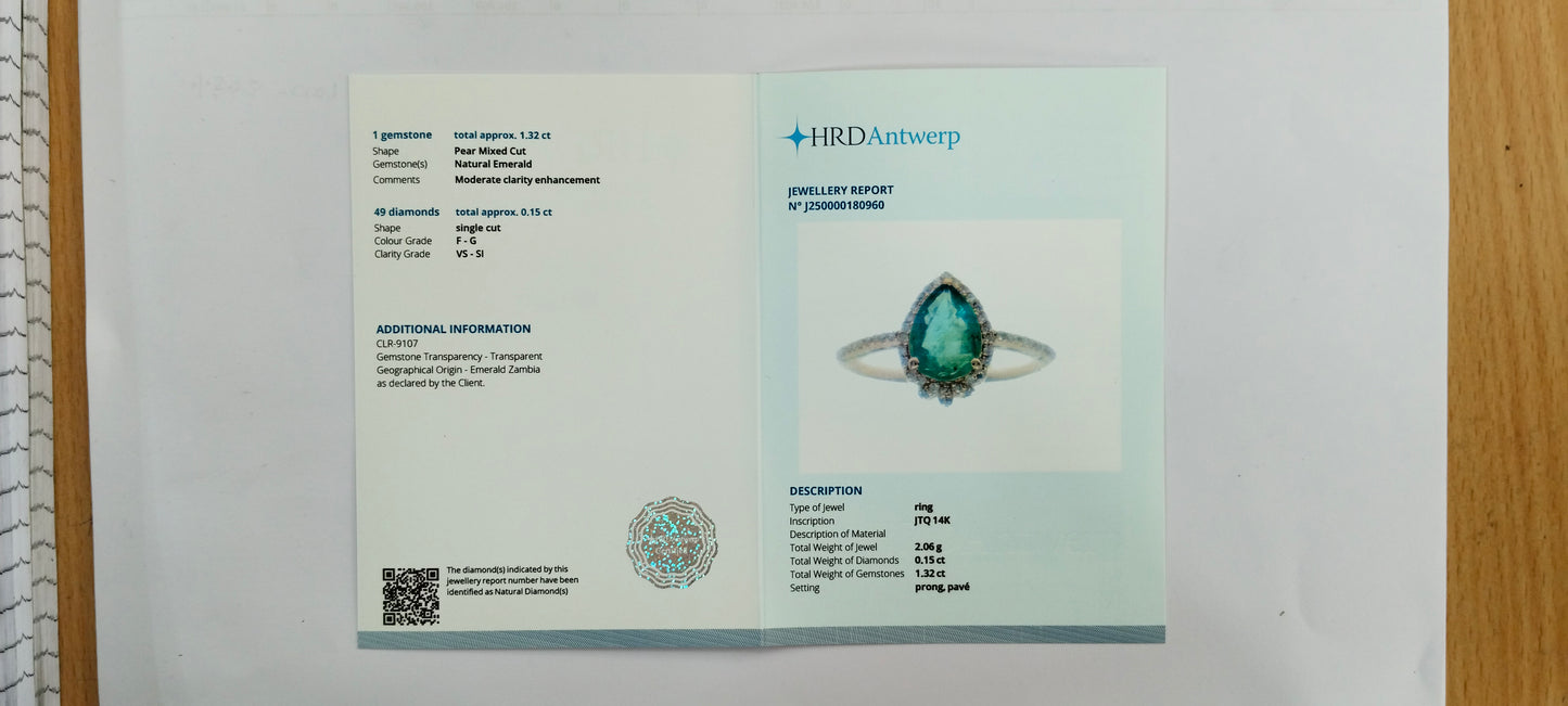 1.47 Ct Pear Mixed Cut Natural Emerald 14K Gold Ring