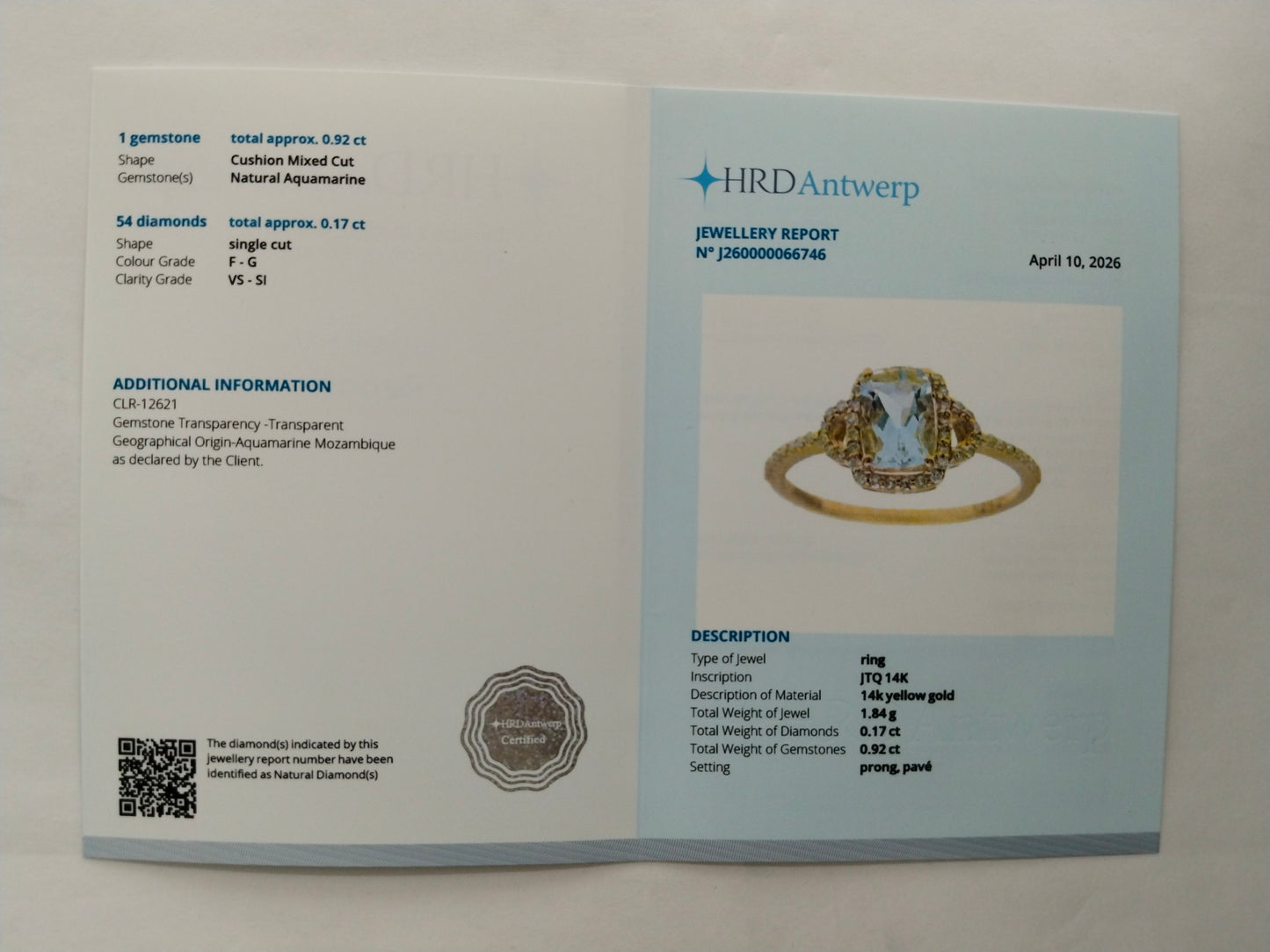1.09 Ct Cushion Mixed Cut Natural Aquamarine 14K Gold Ring