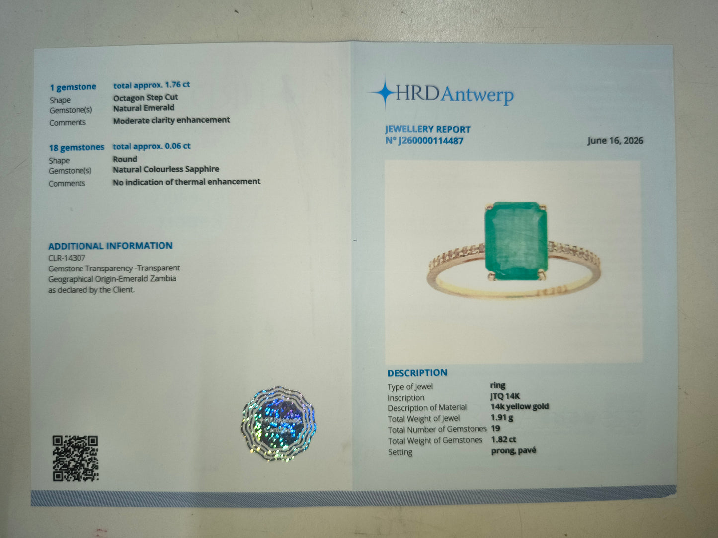 1.82 Ct Octagon Step Cut Natural Emerald 14K Gold Ring