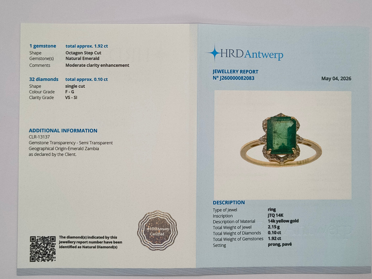 2.02 Ct Octagon Step Cut Natural Emerald 14K Gold Ring