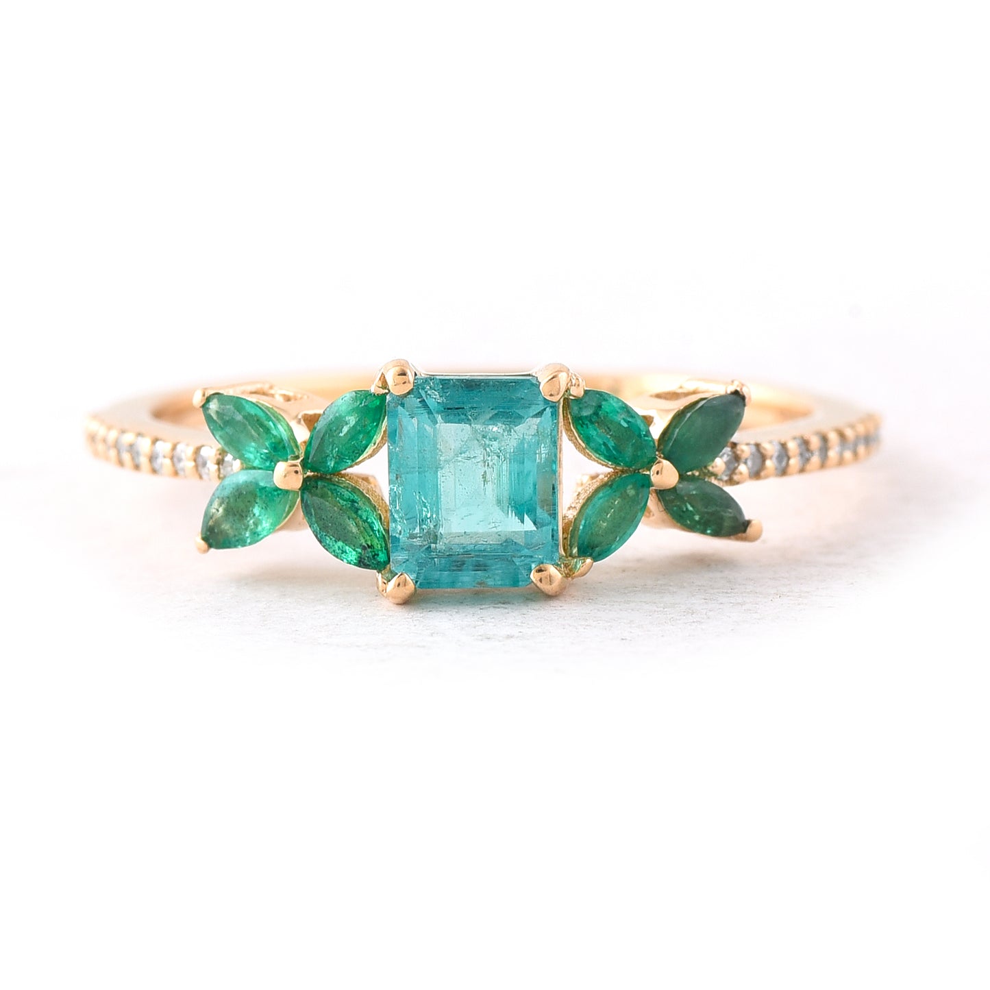0.95 Ct Octagon Step Cut, Marquise Mixed Cut Natural Emerald 14K Gold Ring