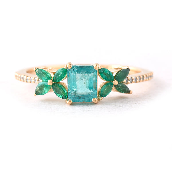 0.95 Ct Octagon Step Cut, Marquise Mixed Cut Natural Emerald 14K Gold Ring