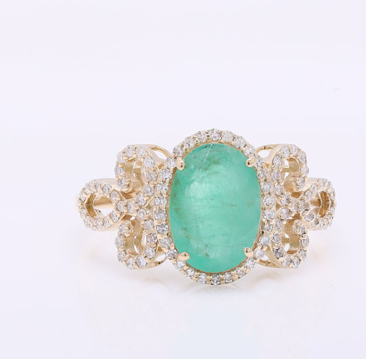 2.35 Ct Oval Mixed Cut Natural Emerald 14K Gold Ring
