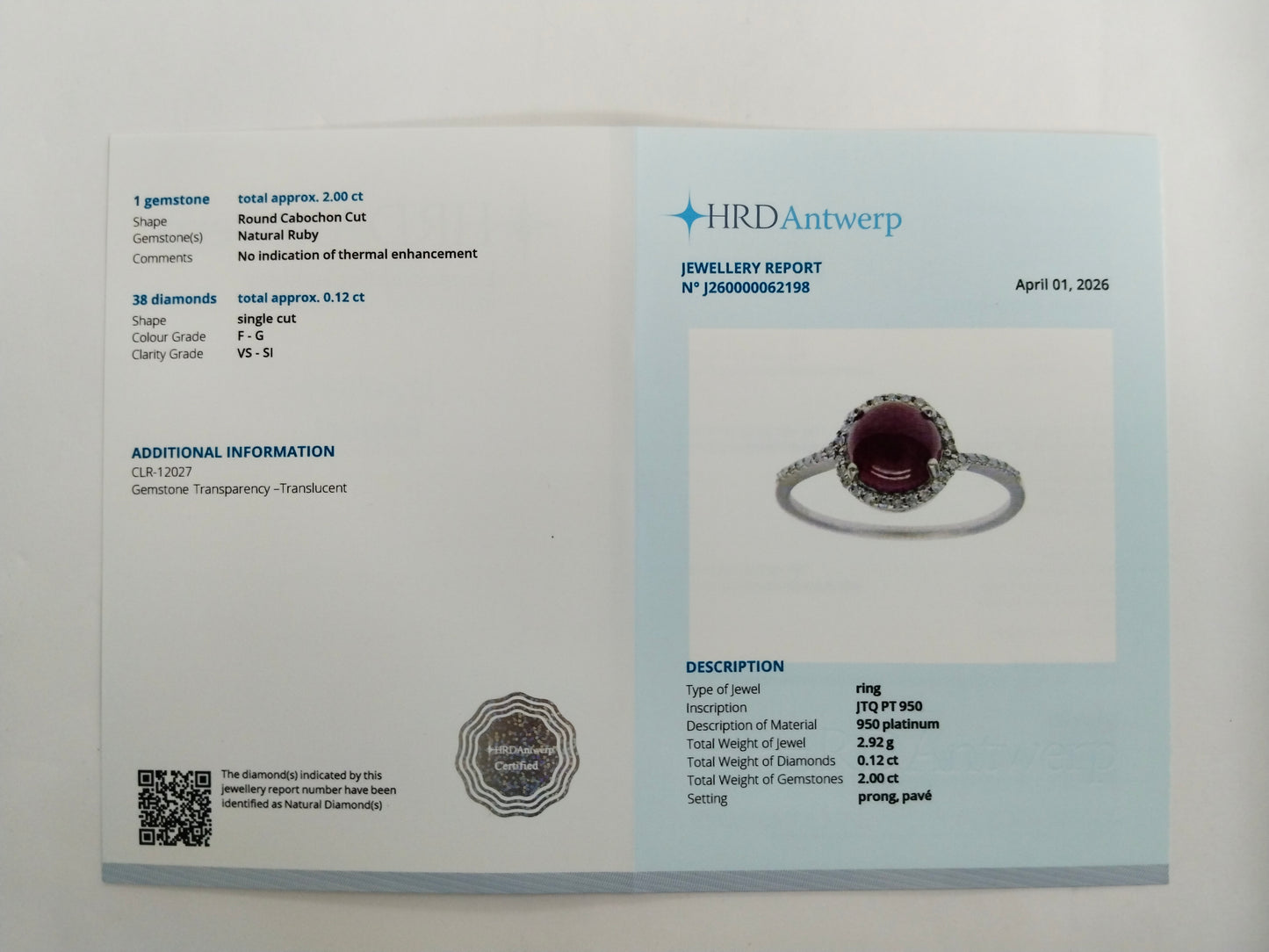 2.12 Ct Round Cabochon Cut Natural Ruby 950 Platinum Ring