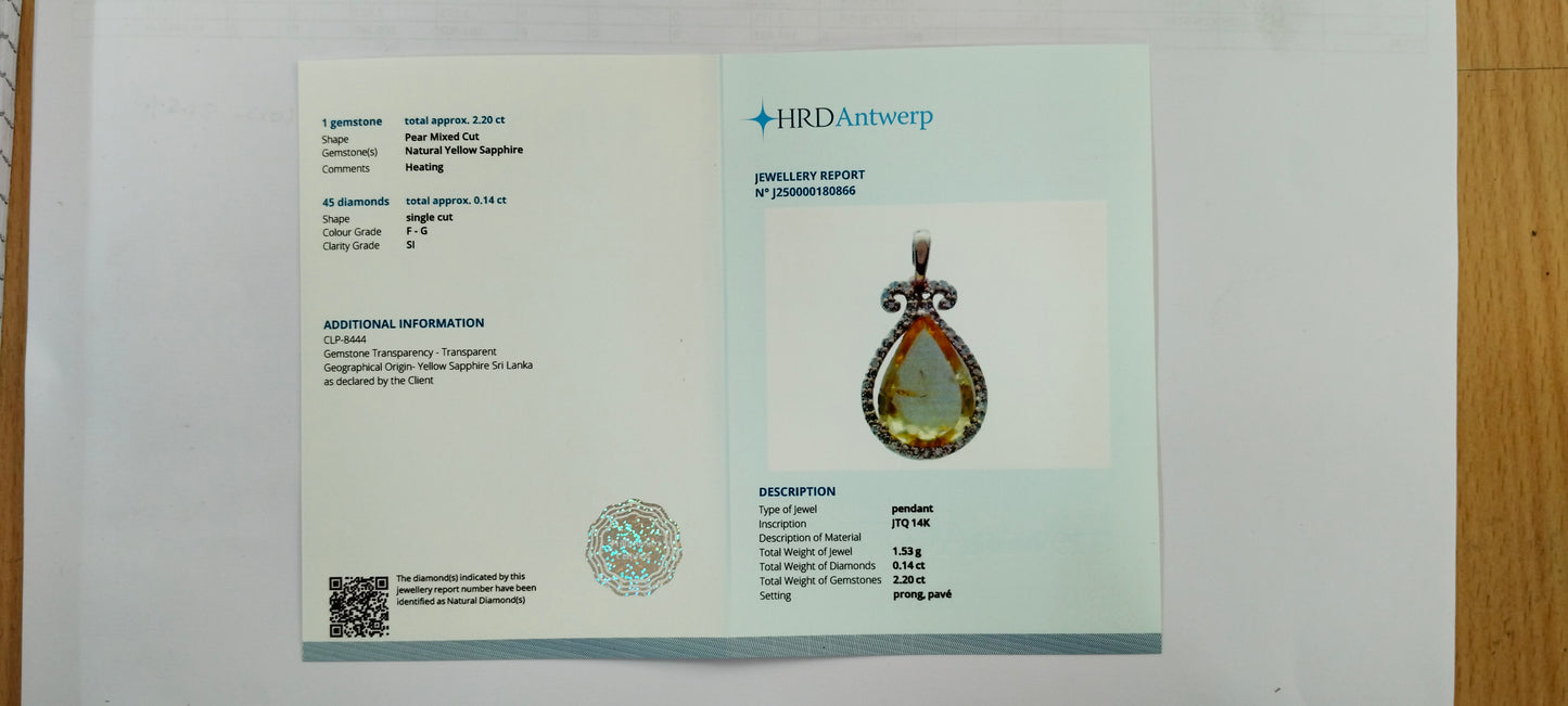 2.34 Ct Pear Mixed Cut Natural Yellow Sapphire 14K Gold Pendant