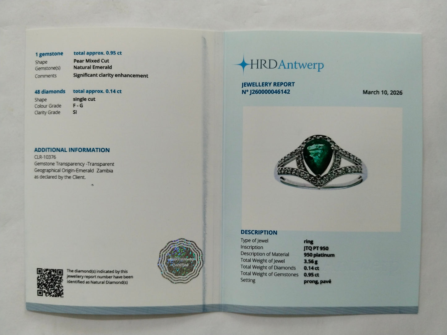 1.09 Ct Pear Mixed Cut Natural Emerald 950 Platinum Ring