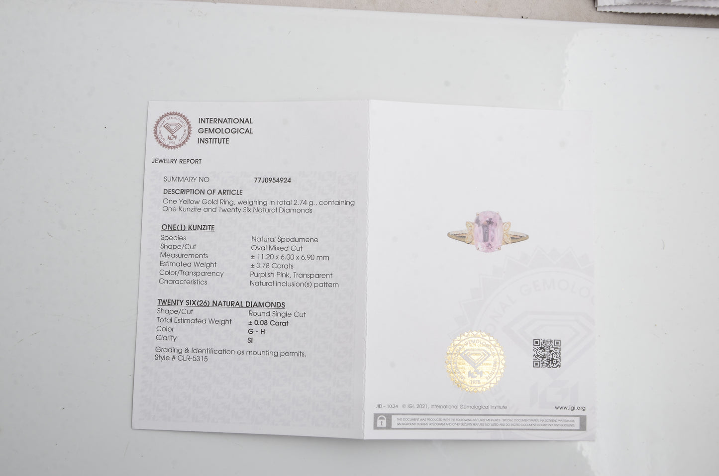 3.86 Carats Kunzite 14K Gold Ring