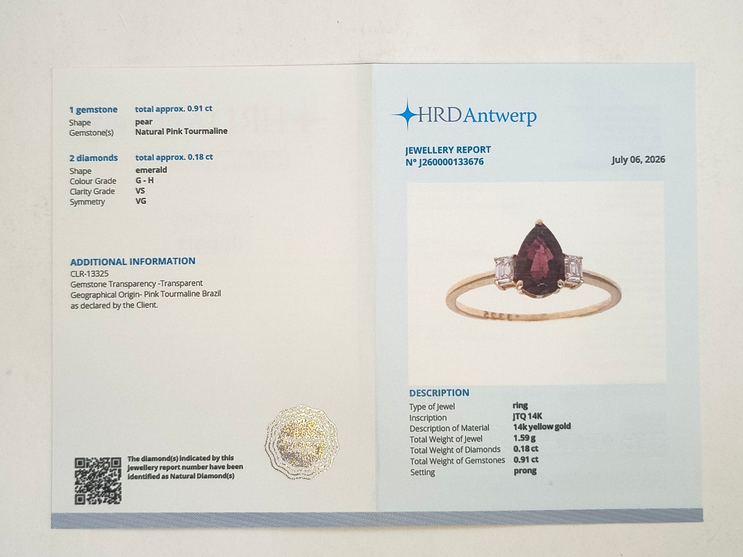 1.09 Ct Pear Natural Pink Tourmaline 14K Gold Ring