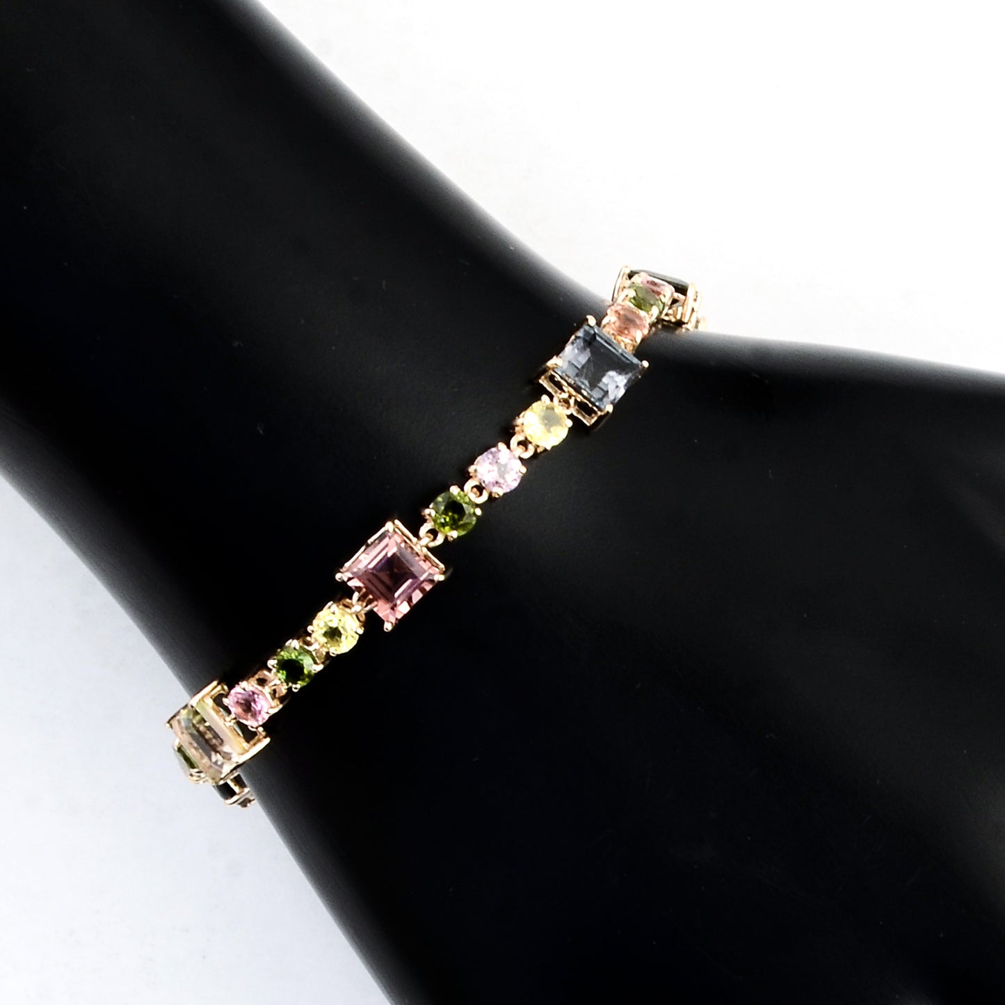 7.66 Ct Square Multi Tourmaline 14K Gold Bracelet