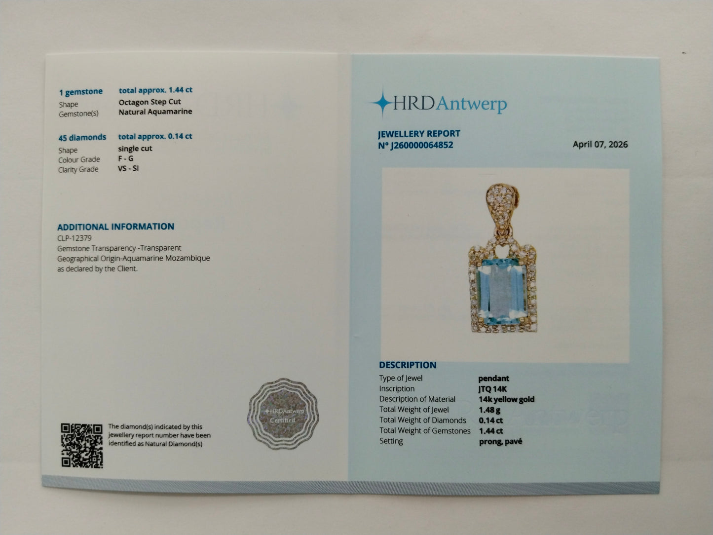 1.58 Ct Octagon Step Cut Natural Aquamarine 14K Gold Pendant