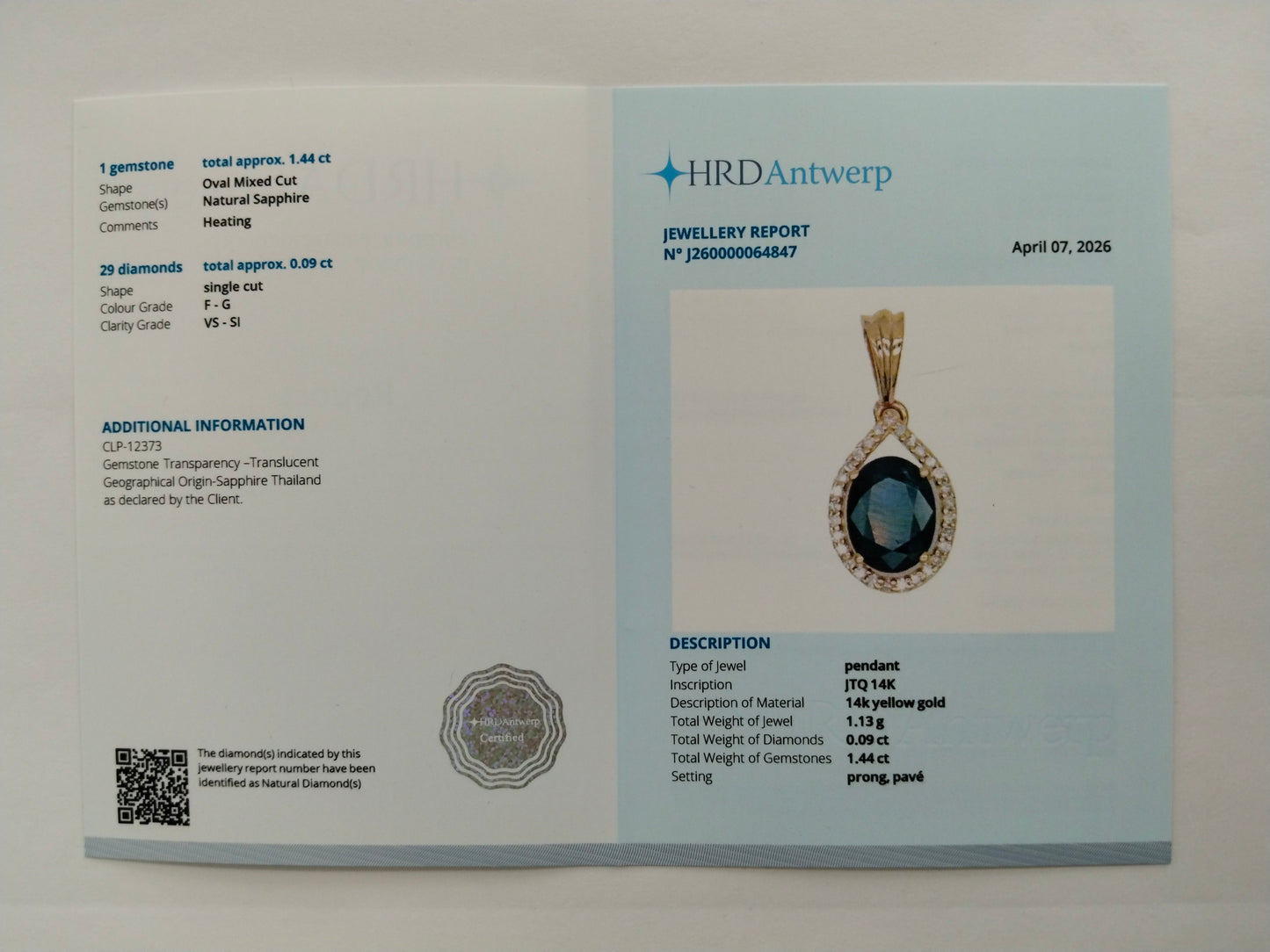 1.53 Ct Oval Mixed Cut Natural Sapphire 14K Gold Pendant