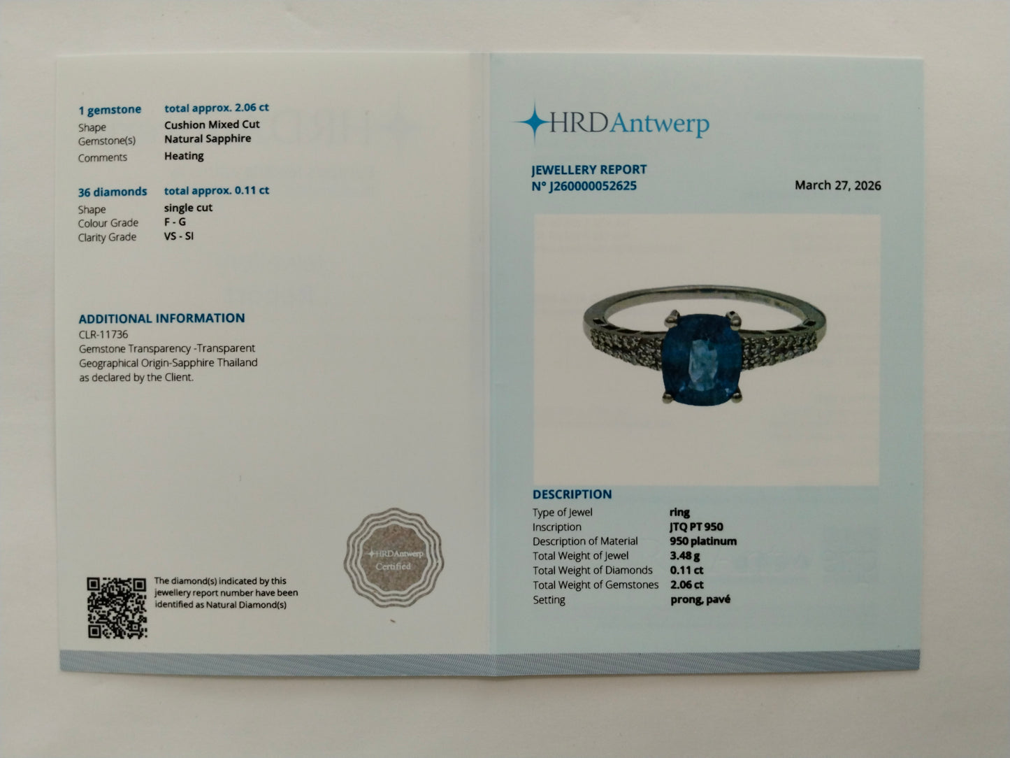 2.17 Ct Cushion Mixed Cut Natural Sapphire 950 Platinum Ring