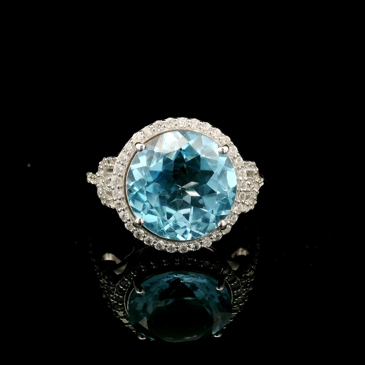 7.35 Ct Round Blue Topaz, White Zircon 925 Sterling Silver Ring