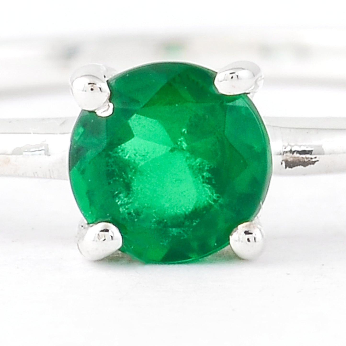 0.32 Ct Round Glass Emerald, 925 Sterling Silver Ring