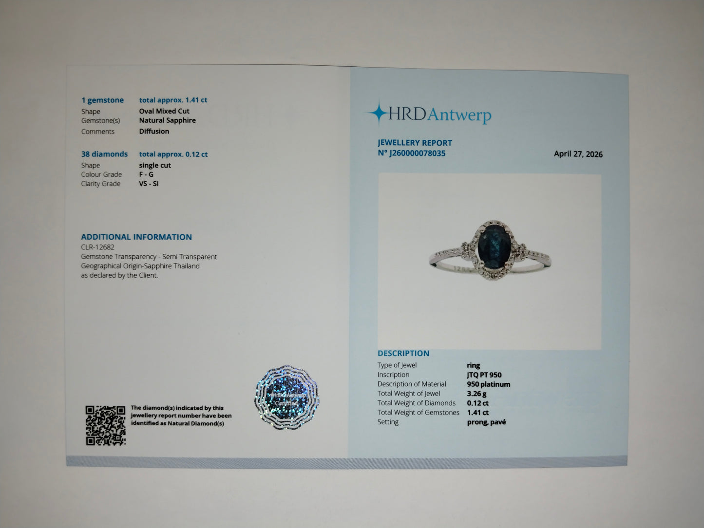 1.53 Ct Oval Mixed Cut Natural Sapphire 950 Platinum Ring