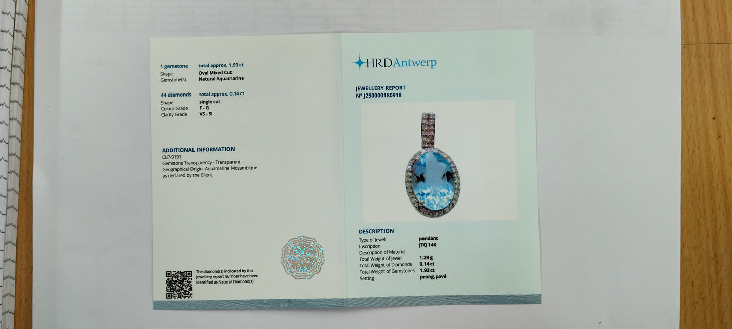 2.07 Ct Oval Mixed Cut Natural Aquamarine 14K Gold Pendant