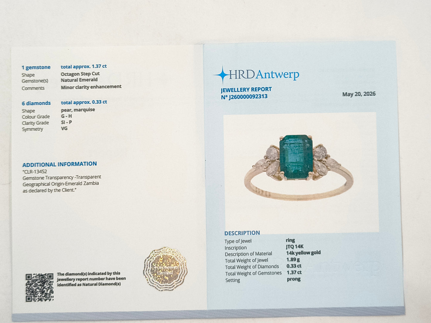 1.70 Ct Octagon Emerald 14K Gold Ring