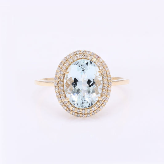2.64 Ct Oval Mixed Cut Natural Beryl Aquamarine 14K Gold Ring