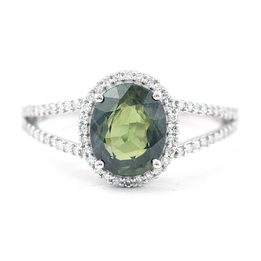 2.42 Ct Oval Mixed Cut Natural Green Sapphire 950 Platinum Ring