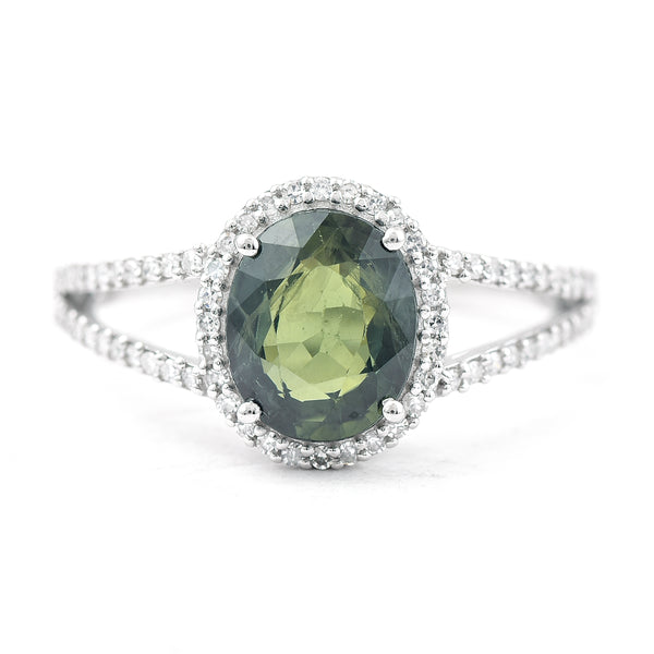 2.42 Ct Oval Mixed Cut Natural Green Sapphire 950 Platinum Ring
