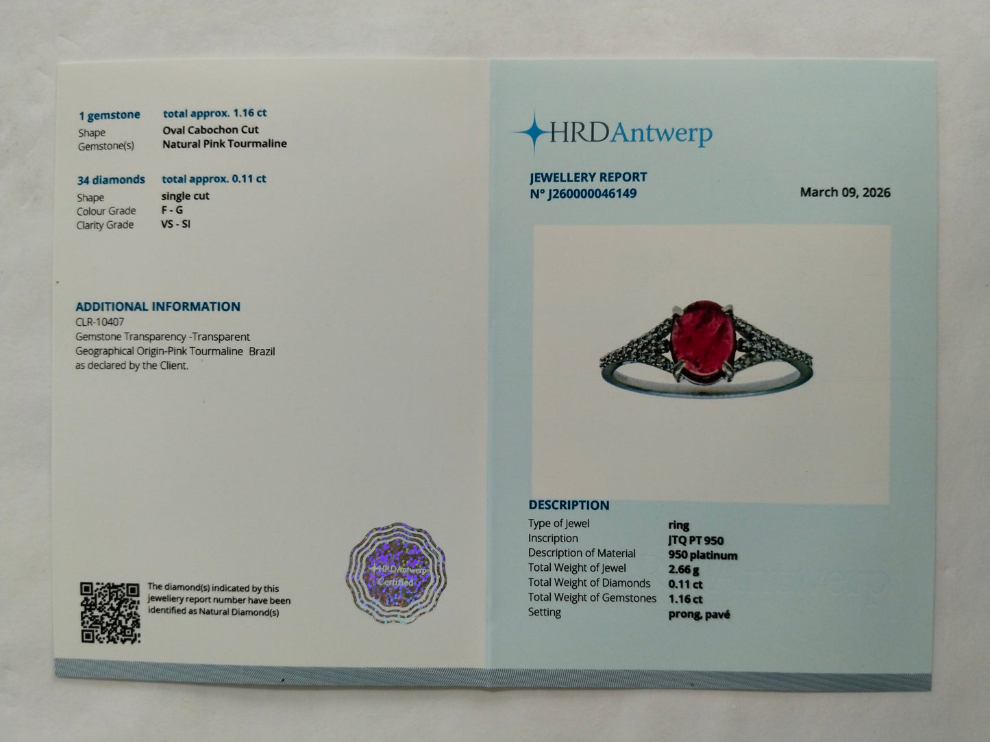 1.27 Ct Oval Cabochon Cut Natural Pink Tourmaline 950 Platinum Ring