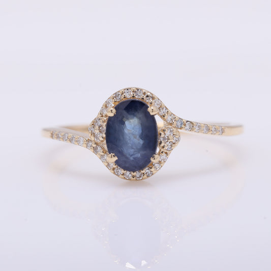 1.30 Ct Oval Mixed Cut Natural Sapphire 14K Gold Ring