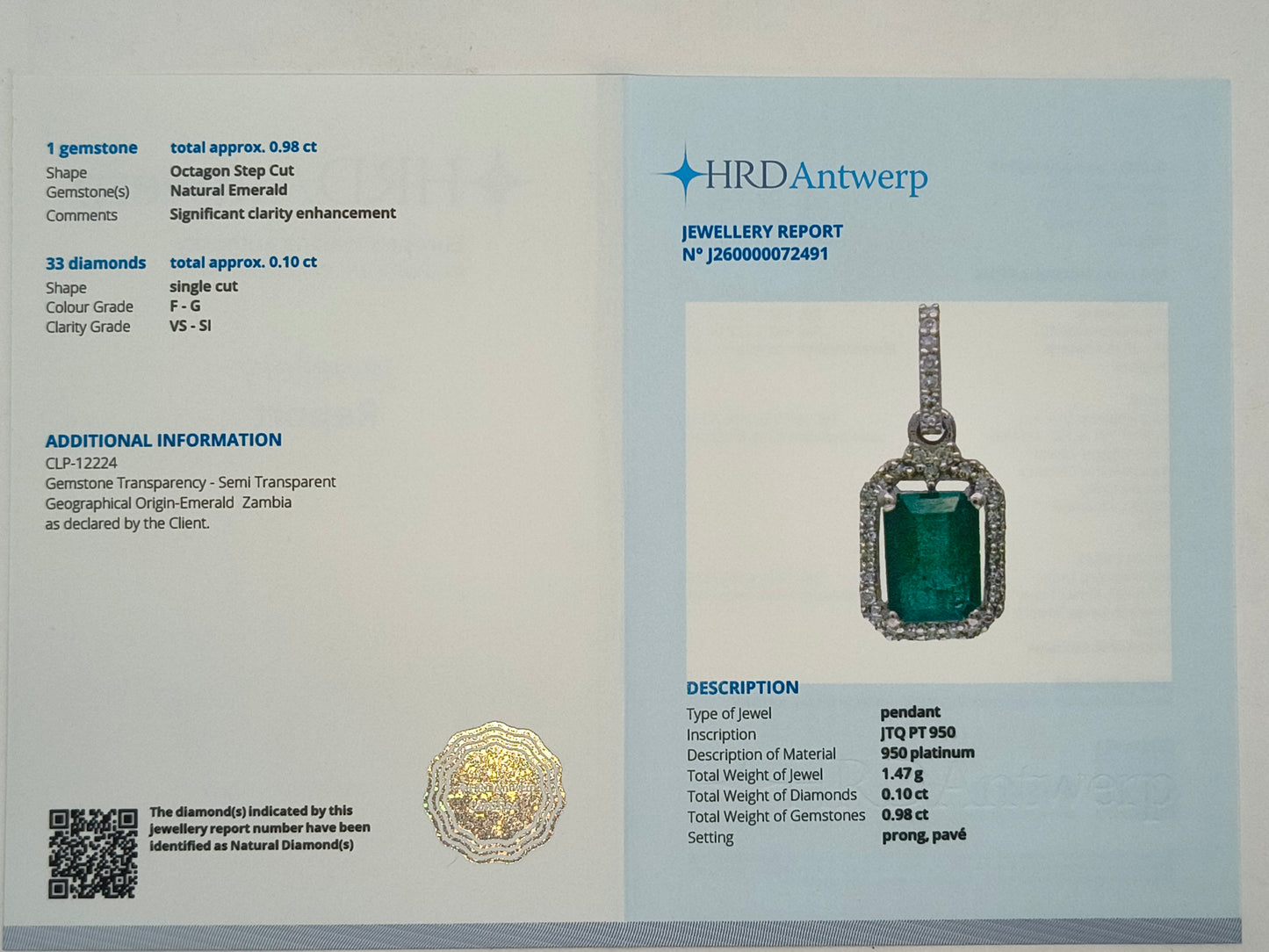 1.08 Ct Octagon Step Cut Natural Emerald 950 Platinum Pendant