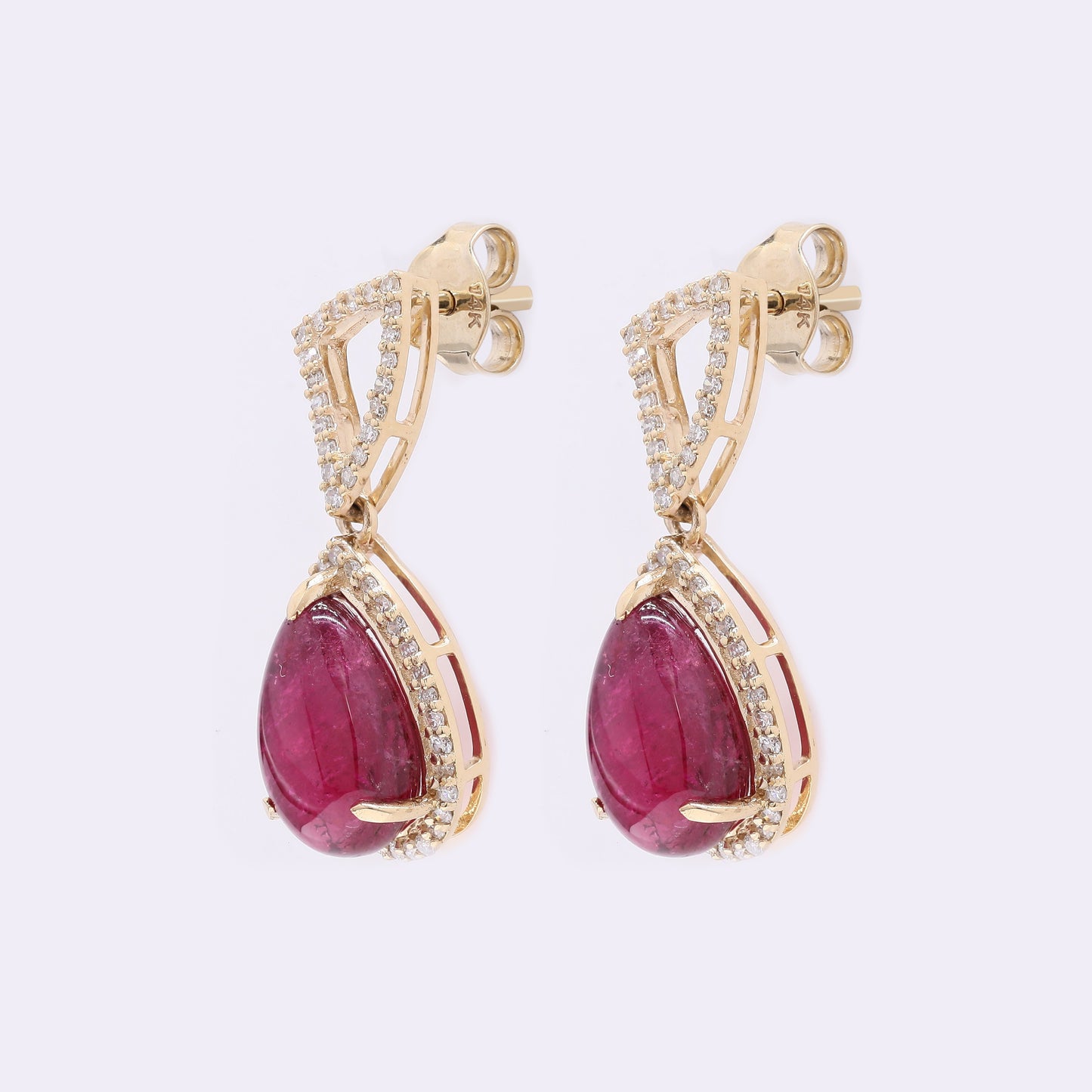 6.10 Ct Pear Cabochon Natural Rubellite 14K Gold Earrings