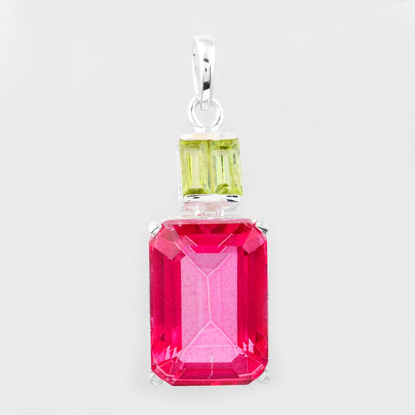 9.80 Ct Octagon Pink Topaz, Peridot, 925 Sterling Silver Pendant